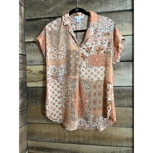 Cupcakes and Cashmere Womens XS Patchwork Paisley Print V-Neck Blouse Orange Tan